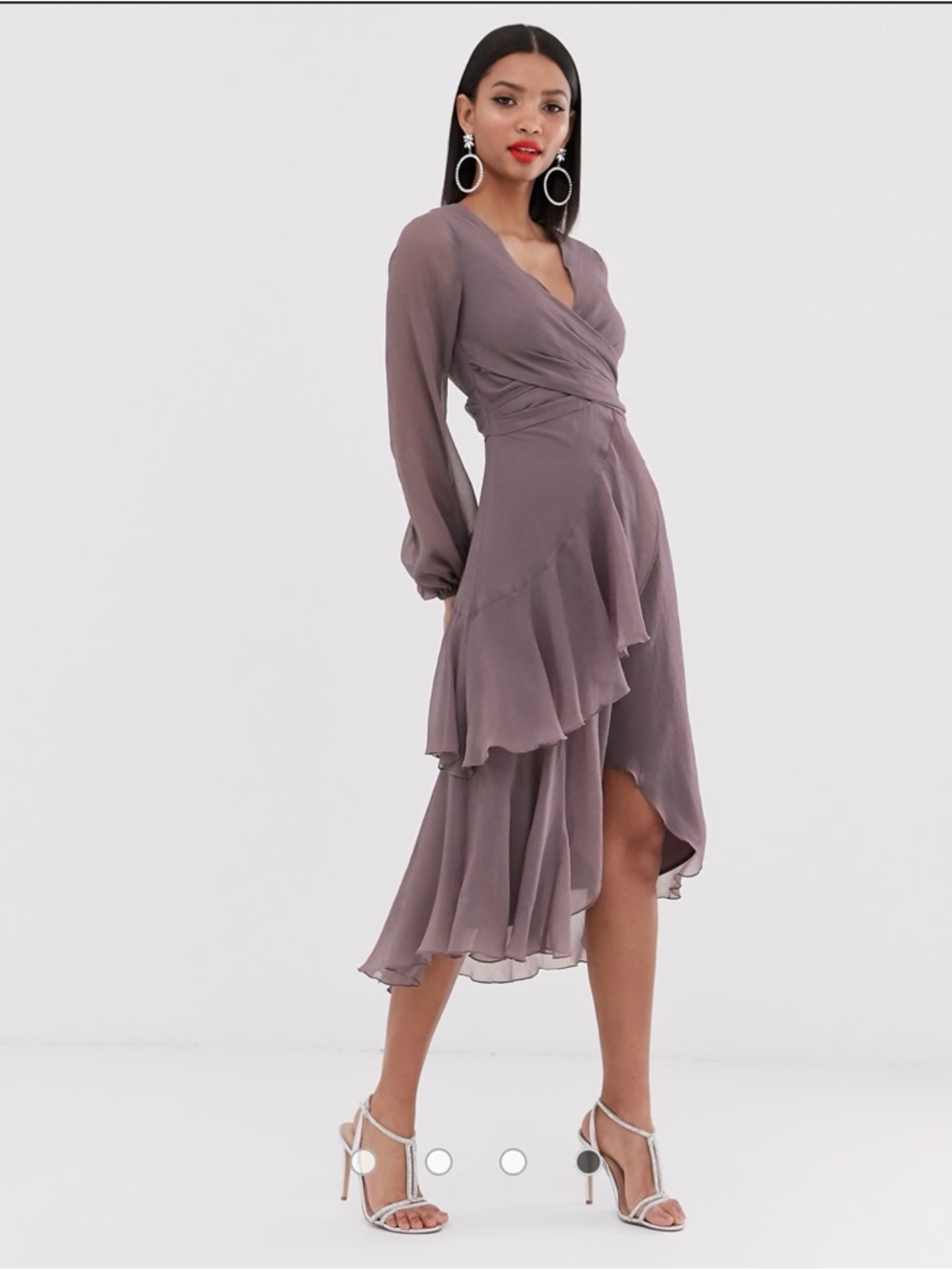 ASOS Dusty Mauve Wrap Midi Dress with Ruffle Layers